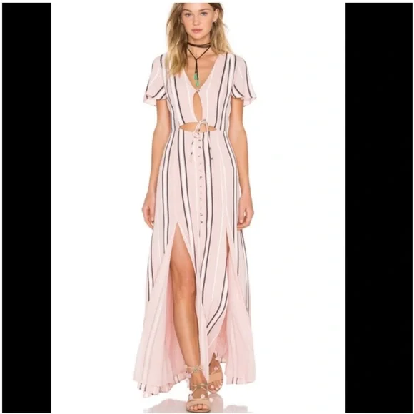 Privacy Please Maxi Sherman Dress in Pink Button Up Tie Side Slits Size Medium - Picture 1 of 7